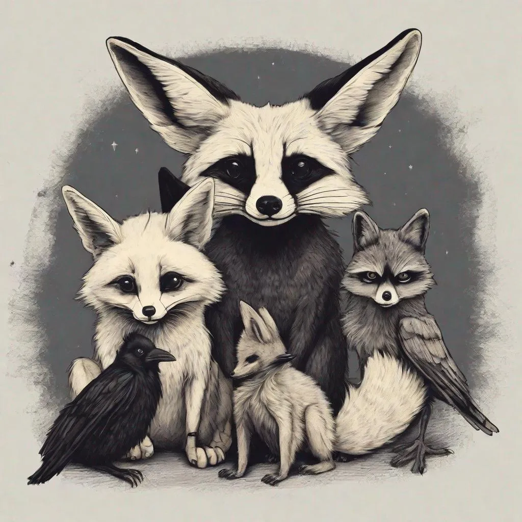 Prompt: fennec fox, raccoon and crow all sat together 