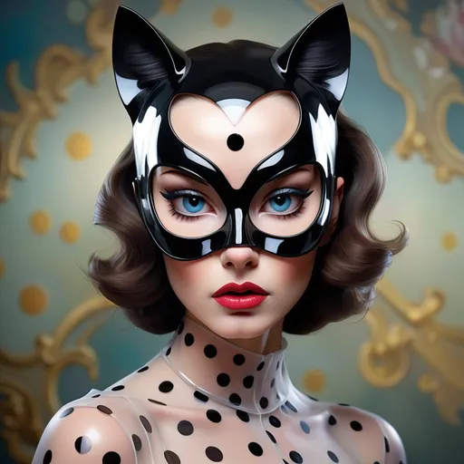Prompt: front portrait Photography, transparent dark plexiglass printed with polka dots colors print, cat woman mask, an attractive, 80 degree view, art by Sergio Lopez , Natalie Shau, James Jean and Salvador Dali