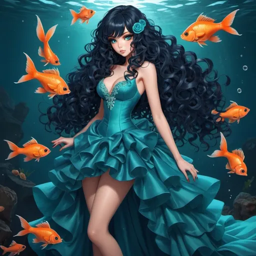 Prompt: Anime version, beautiful sensual dark brunette woman, long voluminous curly navy blue hair, orange eyes, showing her claws, big nails, makeup, turquoise blue wedding dress, high heel socks, high heel boots, close to one side with fish