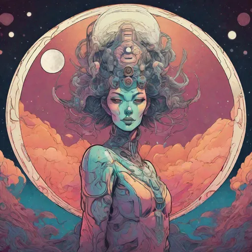 Prompt: moon deity in a female humanoid form. 
Science Fiction, Retrofuturism, Gore, Cosmic Horror, Fine inking, Clean linework, comic illustration, flat shading, Colour transitions, Maximalism, Beautifully illustrated forms, beautiful background scenery, Warm and cold colour mix, Triadic colour palette, Dark vibrancy, soft lighting, Complexity, Storytelling, Dynamic Poses, High quality, Sharp focus, Tight colour range, Full scene, Filmic, 