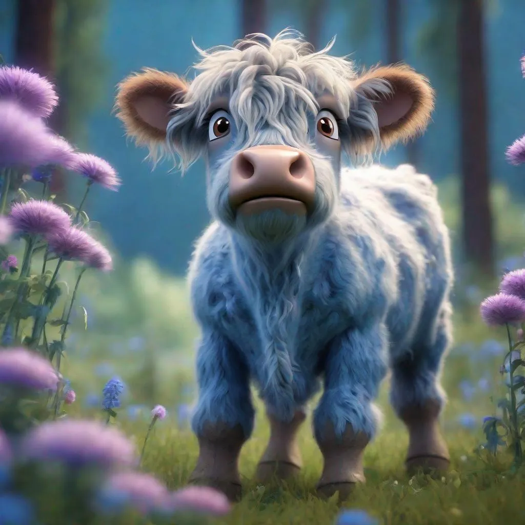 Prompt: Disney Pixar style blue highland calf highly detailed, extra fluffy, intricate, big eyes, adorable, beautiful, soft dramatic lighting, light shafts, radiant, ultra high quality octane render, daytime forest background, field of flowers, bokeh, hypermaximalist,