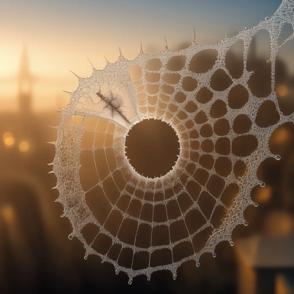 Prompt: A Mandelbrot fractal spiral made of transparent water droplets strung along a maze of spiderwebs, closeup view, illuminated as by a morning sunrise, extremely photorealistic render, bokeh, depth of field, dramatic lighting 