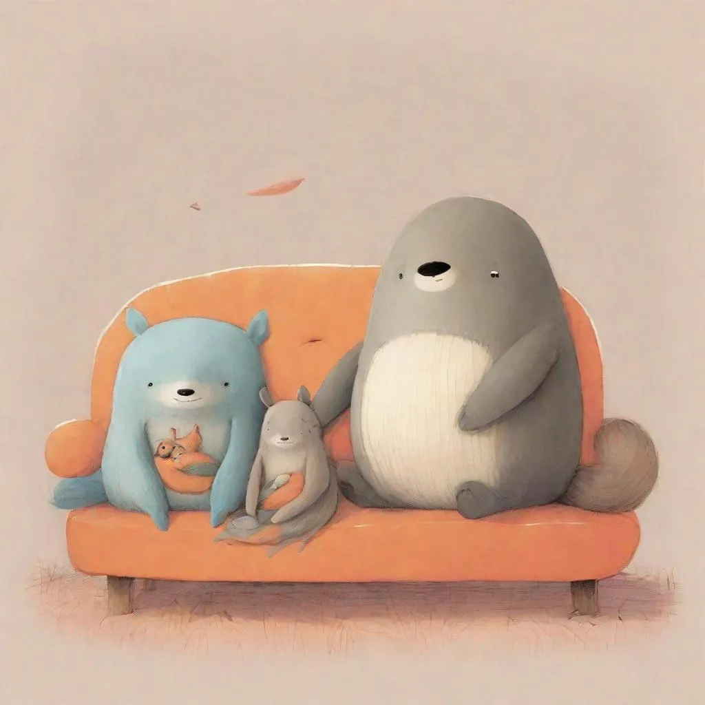 Prompt: happy friends cuddling, cute critters, by oliver jeffers