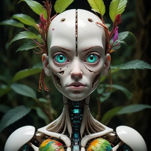 Prompt: Prompt:
high detailed professional upper body photo of a transparent porcelain android looking at viewer,with glowing backlit panels,anatomical plants,dark forest,night,darkness,grainy,shiny,intricate plant details,with vibrant colors,colorful plumage,bold colors,flora,contrasting shadows,realistic,photographic,

Negative prompt:
(worst quality, low quality:1.8),deformed,disfigured,ugly,disgusting,artifacts,duplicate,cloned,extra,missing,mutated,cropped,gross,fused,conjoined,poor,floating,disconnected,amputated,heterochromia,crossed eyes,squint,monochrome,text,logo,watermark,sign,signature,footer,fineprint,info,information,written,letters,words,photo,photograph,picture,image,screenshot,desk,pen,table,paper,symmetric,multiple views,split view,letterboxed,