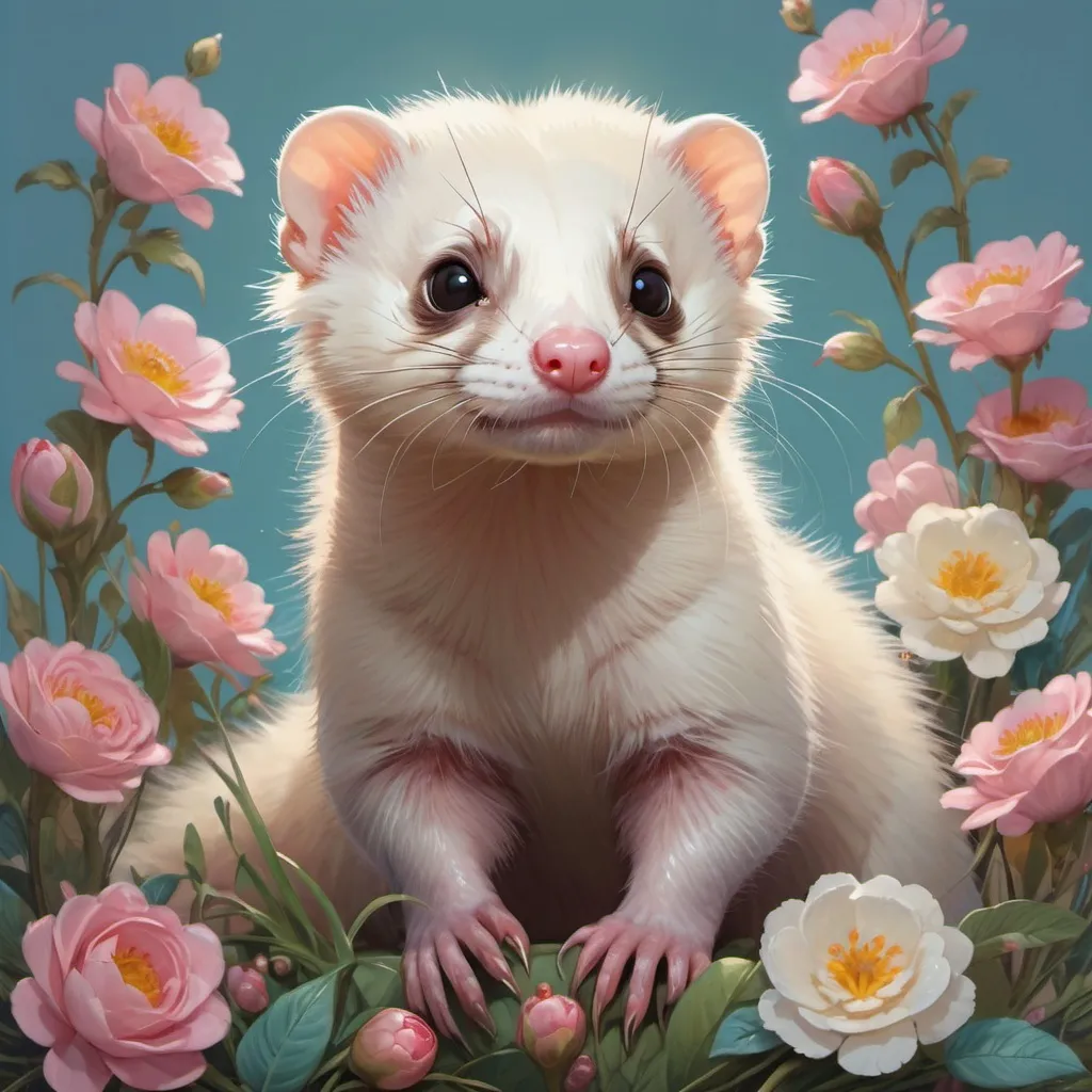 Prompt: cute adorable ferret, full body,  bright and beautiful spring, Big and perfect eyes, sparkling, cute and adorable, with floral threads, flowers, edge lighting, extraordinary fluffiness, magic , surrealism , fantasy, digital art, wlop, artist and James Jean