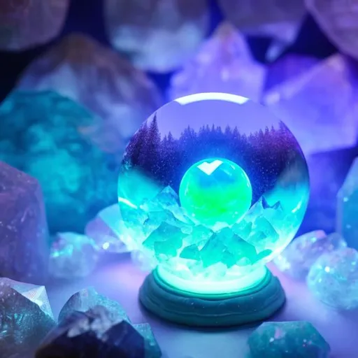 Prompt: Fluffy cute crystal ball glowing with magical energys and oozing with fluffs, background crystal cave,