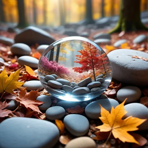 Prompt: bloom forest stones Art in transparent crystal surrounded by long stones , light from sky, a tree in a dream,fallen leaves,fall,cinematic shot 8k,  macro 105mm 1.4g ,bright colors,   background blossom  , trending on artstation, sharp focus, studio photo, intricate details, highly detailed, by Greg Rutkowski