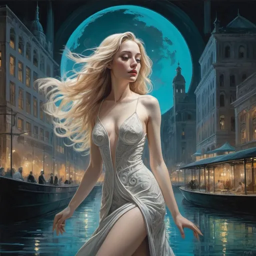 Prompt:  Moonlit and surrounded by a vibrant cityscape, a stylish and alluring young woman with pale skin and long blonde hair, is depicted with many intricate details. She is shown in full figure in a dynamic pose. The scene includes flickering neon lights, an enchanted lake, and silver lined clouds. With spirals and swirls all around her, The artwork is in the styles of Marc Simonetti, Paul Delvaux, Dante Gabriel Rossetti, Fabian Perez, Robert Cottingham, Henry Asencio, Richard Burlet, Dirk Dzimirsky, Karol Bak; architecture and furniture is by Le Corbusier, EdoardoTresoldi, and Zaha Hadid. The lighting in the piece is soft and mesmerising, creating a unique 3D Bas Relief effect with hyper colours and textures. The composition is intricate and detailed, with a resolution of 16K.