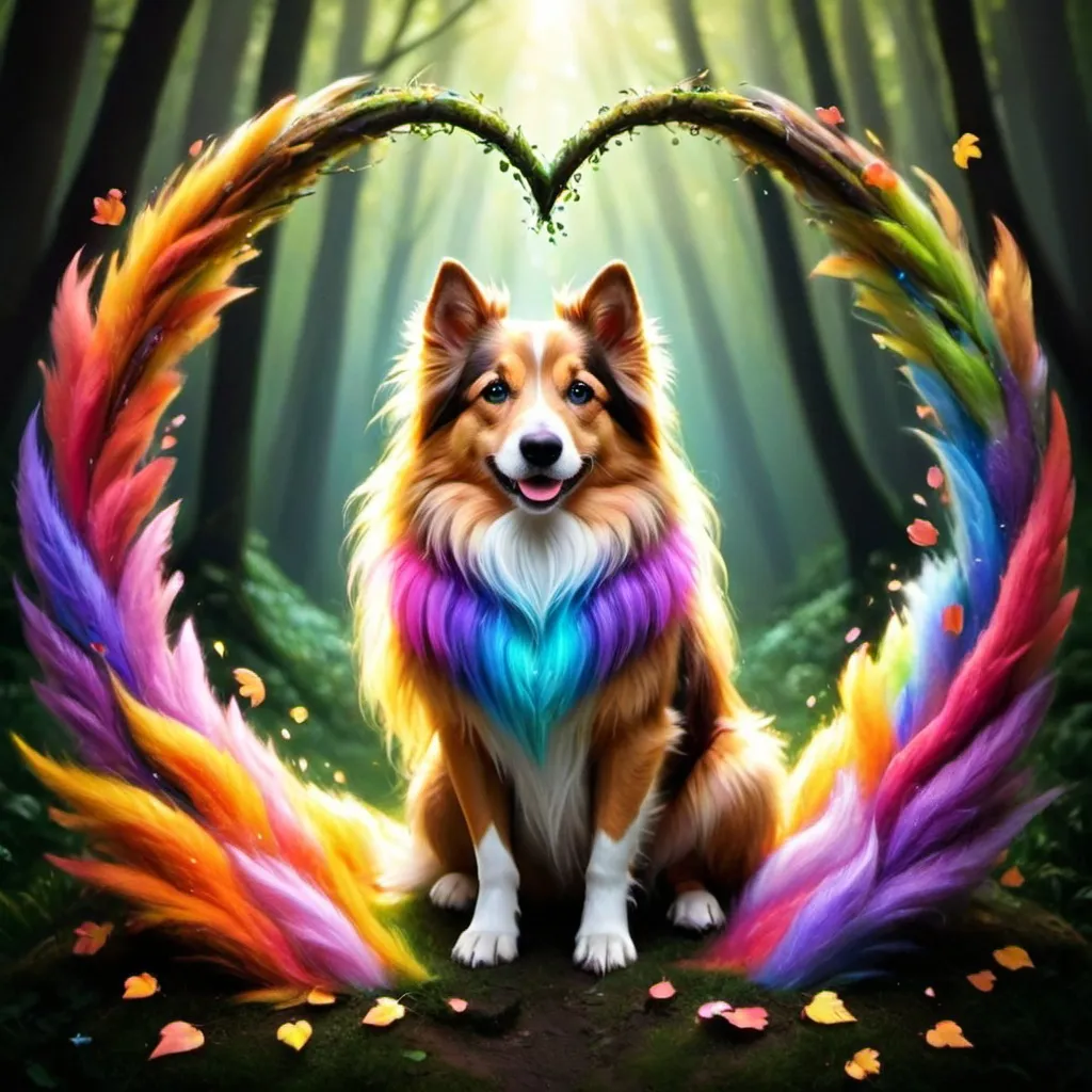 Prompt: "In the enchanting realm of fur and wagging tails, a magical dog steps into existence. Its coat, a symphony of colors woven by the hands of nature, and its eyes, sparkling with a mischievous gleam, transport onlookers to a world where wonder and joy dance together. This ethereal canine, a furry muse of dreams, leaves an indelible mark on hearts, turning ordinary moments into extraordinary memories."