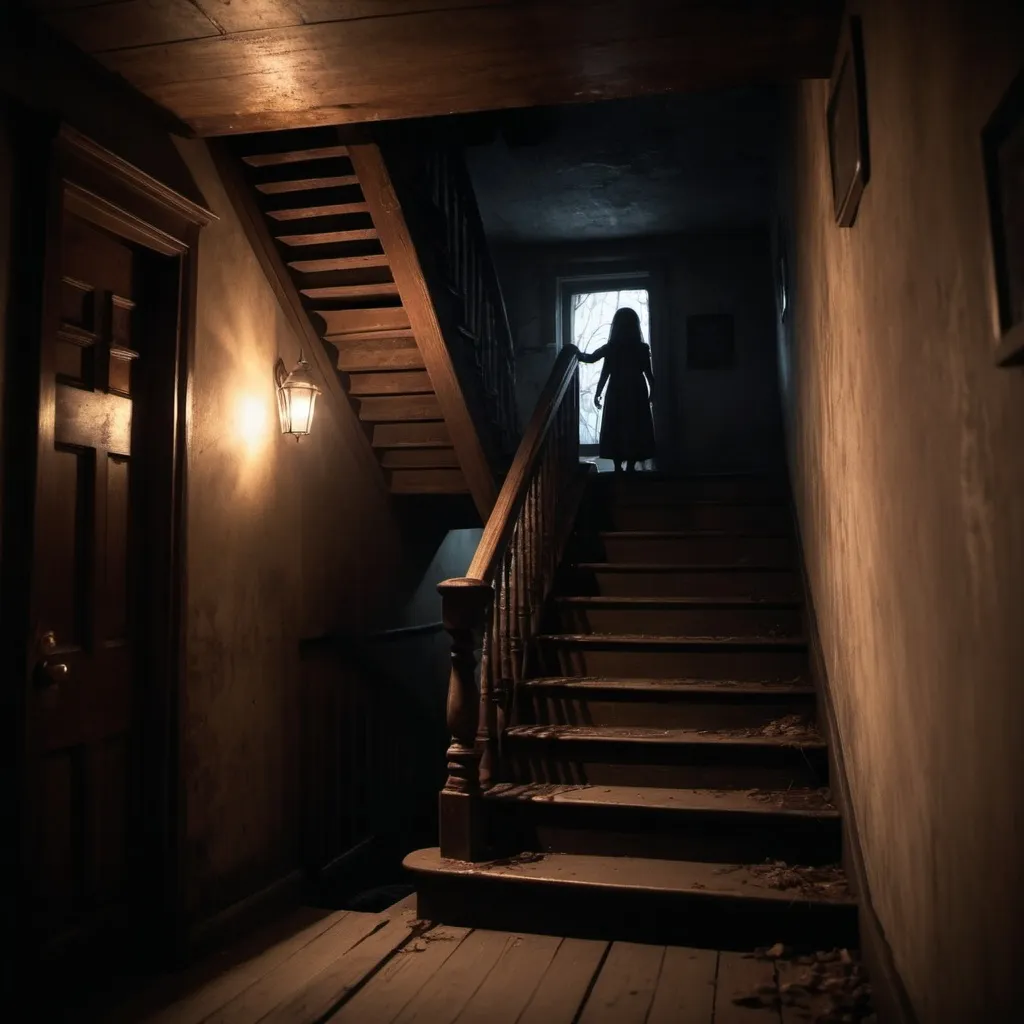 Prompt: A cinematic, low-angle shot from the floor of a dark, eerie basement. The viewpoint is from the bottom of old, creaky wooden stairs, looking up. The stairs have cobwebs hanging between the steps and appear fragile and worn. The scene is shrouded in darkness, with only the sharp, contrasting light from the open basement door illuminating the stairs. Between the steps, a sinister clawed hand is creeping out, avoiding the light but sensing the presence of prey. At the top of the stairs, in the bright doorway, stands the small silhouette of a child with an uncanny smile. The atmosphere is unsettling and creepy, with every detail contributing to a sense of impending dread and horror. depth of view, horrorcore, bokeh effect, eldritch horror