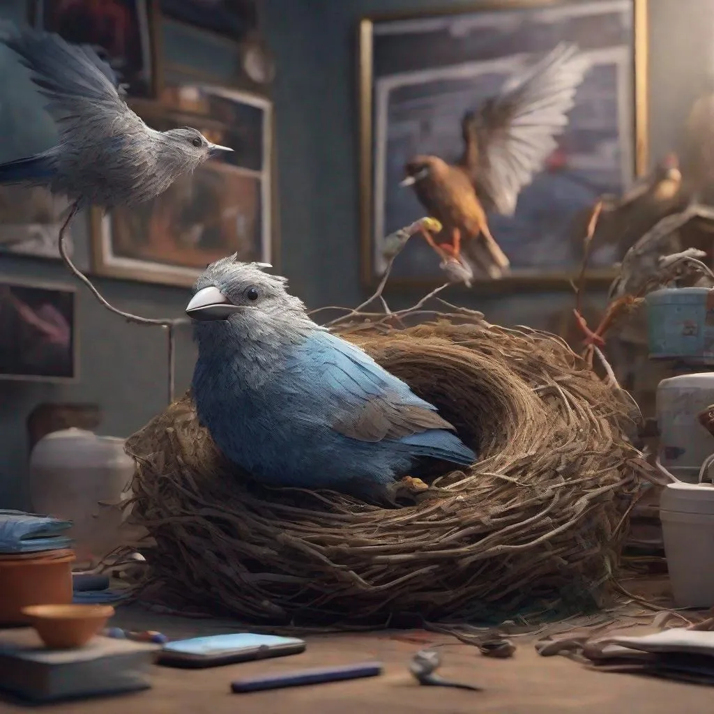 Prompt: Extremely realistic bird. In a sweatshirt, jeans and sneakers. Making a nest. Volumetric lighting, maximalist photo illustrations, 8K concept art, meticulously detailed, complex, expansive, fantastical.