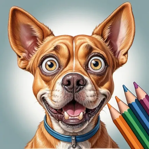 Prompt: Funny surprised dog with bulging eyes in caricature style,art colored pencils,detailed drawing,naive,cartoon,cartoon,fun,sharp shot,32k,best quality