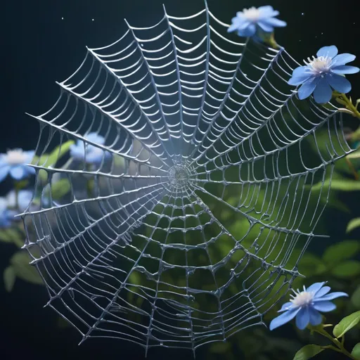 Prompt: "A mesmerizing spider's web, intricately woven with small blue flowers, creating a stunning contrast against the dark background.", Miki Asai Macro photography, close-up, hyper detailed, trending on artstation, sharp focus, studio photo, intricate details, highly detailed, by greg rutkowski, golden ratio, fake detail, trending pixiv fanbox, acrylic palette knife, style of makoto shinkai studio ghibli genshin impact james gilleard greg rutkowski chiho aoshima