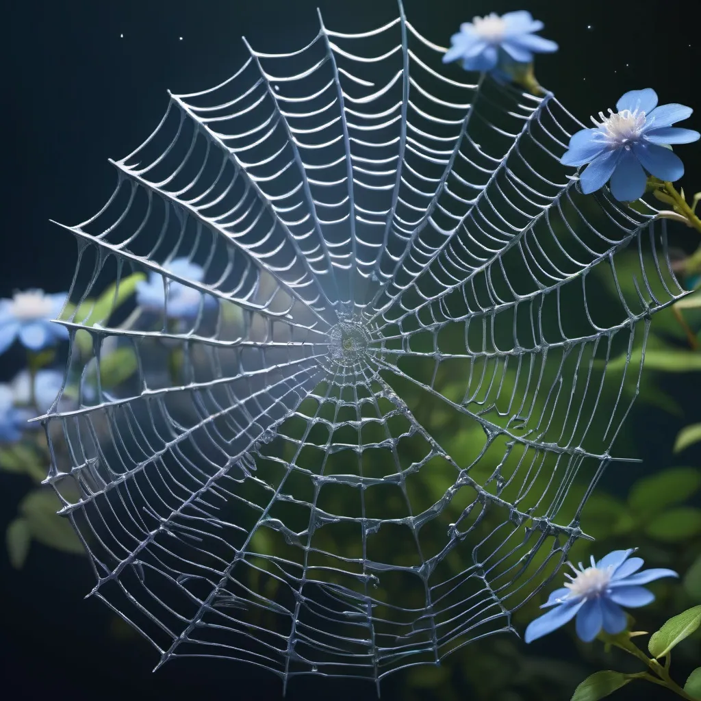 Prompt: "A mesmerizing spider's web, intricately woven with small blue flowers, creating a stunning contrast against the dark background.", Miki Asai Macro photography, close-up, hyper detailed, trending on artstation, sharp focus, studio photo, intricate details, highly detailed, by greg rutkowski, golden ratio, fake detail, trending pixiv fanbox, acrylic palette knife, style of makoto shinkai studio ghibli genshin impact james gilleard greg rutkowski chiho aoshima