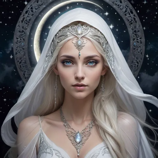 Prompt: Envision a digital painting of a moon elven goddess, exalted in her celestial domain. She is draped in a flowing gown as white as moonlight, with a diaphanous fabric that cascades around her like a nebulous mist. The goddess's attire is adorned with intricate silver filigree and glowing moonstones that mirror the stars above. She wears a hood that makes her a little ominous. Her eyes are silver glowing and her skin is silver. Her face is the epitome of serenity and regal beauty, framed by a delicate headpiece that crowns her long, ash-blonde hair. Her eyes, deep and expressive, are accentuated with dark, starry makeup that speaks of the night sky. Set against a backdrop of a cosmic tapestry, the crescent moon cradles her form, casting a soft, luminous glow that highlights her ethereal presence. This tableau is an embodiment of tranquility and the sublime power of the nocturnal heavens.
