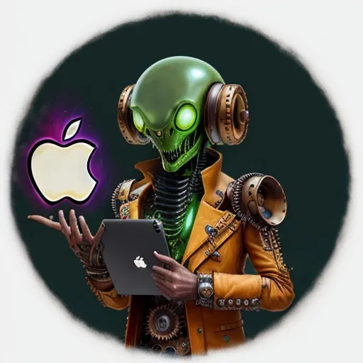 Prompt: Exploding alien steampunk style holding apple ipad in his hands