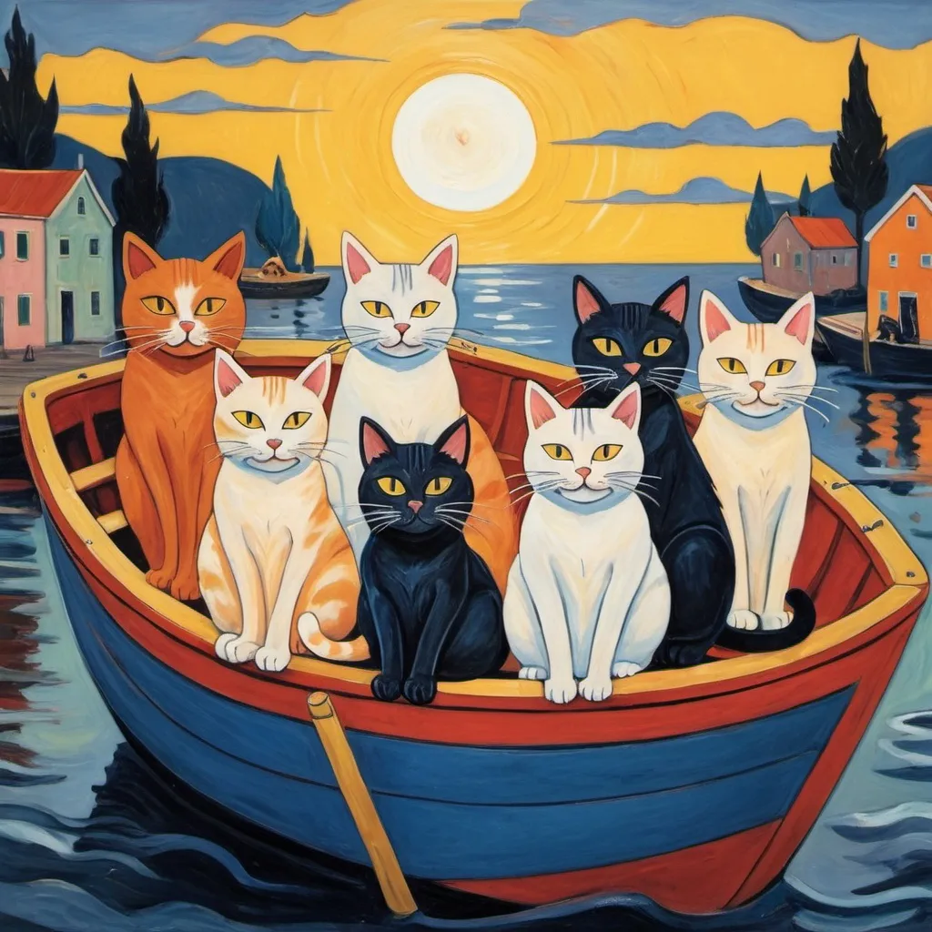 Prompt: a group of cats on a boat in munch style