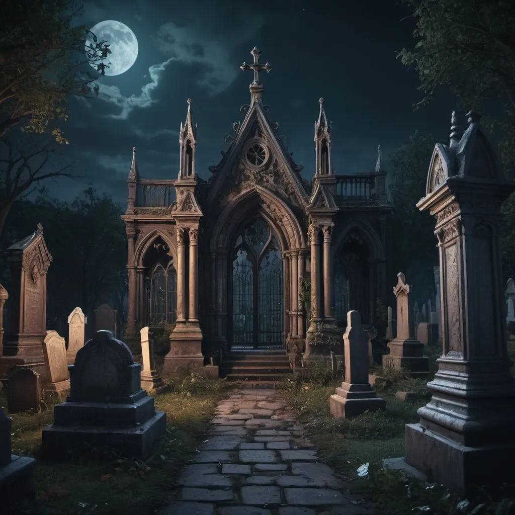 Prompt: dark mysterious abandoned cemetery in the gothic court yard on the dark night gothic photorealistic gothic feel Epic cinematic brilliant stunning intricate meticulously detailed dramatic atmospheric maximalist digital matte painting detailed matte painting, deep color, fantastical, intricate detail, splash screen, complementary colors, fantasy concept art, 8k resolution trending on Artstation Unreal Engine 5, trending on artstation, sharp focus, studio photo, intricate details, highly detailed, by greg rutkowski, trending on artstation, sharp focus, studio photo, intricate details, highly detailed, by greg rutkowski, Miki Asai Macro photography, close-up, hyper detailed, trending on artstation, sharp focus, studio photo, intricate details, highly detailed, by greg rutkowski