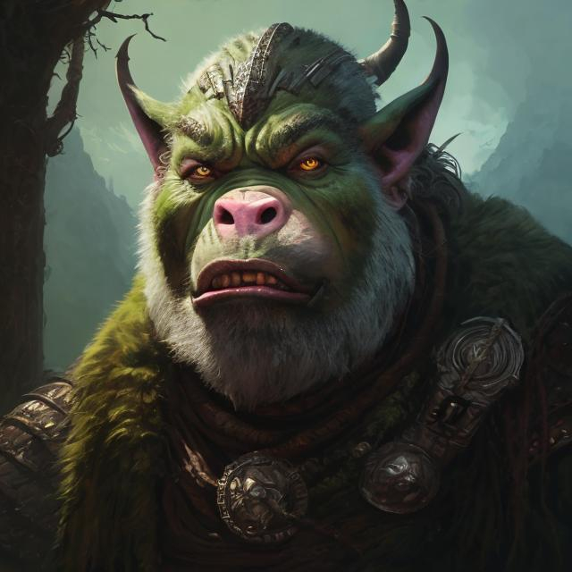 Prompt: portrait of a green mountain orc, looking at camera, d & d, savage warrior, fur attire, aztec hair, pig noses, intricate, fantasy, extremely detailed, digital painting, artstation, concept art, smooth, sharp focus, illustration, ambient lighting, art by artgerm and greg rutkowski and alphonse mucha and simon stalenhag