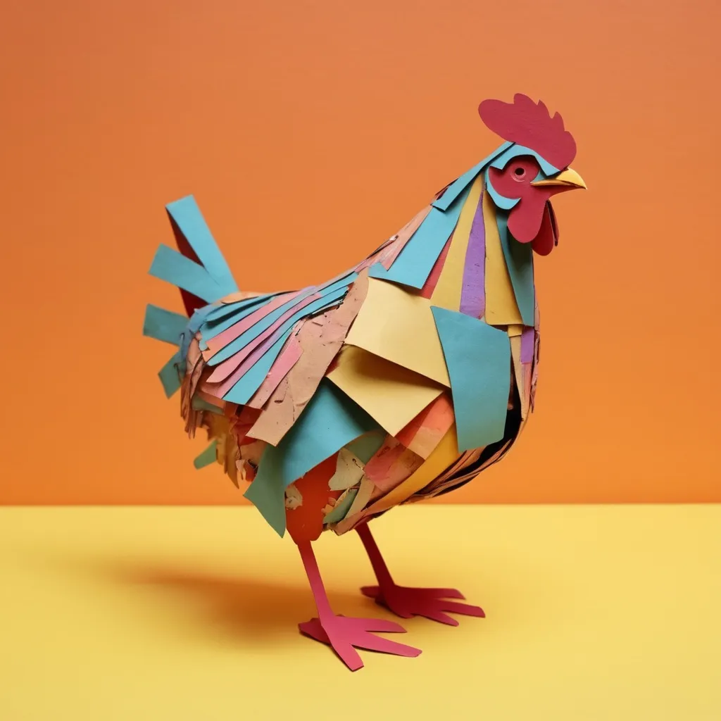 Prompt: metaphorical chicken on papier-mâché, glitched, construction paper, style raw