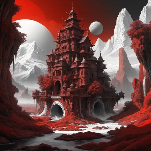 Prompt: Create and Blender add Highly pro aesthetic quality,Breathtaking enigmatic fusion innovation , randomly composition places, amazing landscape scenery,Ancientpunk, artfully arranged and Enchanting art, perfect detail tinted red and white , Dark Influence, Kinetic Art, Datanoshing, Oilpainting, Ink v3, Splash style, Abstract Art,  Illustrated v3, fantasy fractalism Influence, AirBrush style, drawing By Igor egorov comprehensive finely art essential Rembrand style insanely detail and intricate 