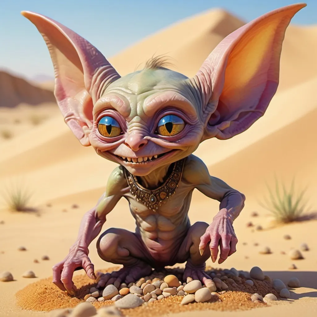 Prompt: Goblin-like creature possessing disproportionately large ears and a mischievous grin, nestled amongst desert sands as it camouflages with tiny, iridescent pebbles, desert, mythical, small body, in vivid colors, highly detailed, natural light, digital painting.