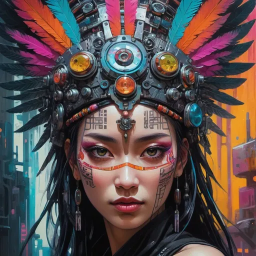 Prompt: a painting of a woman with a headdress and a face painted on it, anime cyberpunk art, intricate vibrant colors, beautiful neuromancer girl, inspired by William Gibson 
, art depicting control freak, asian woman, rich vivid color scheme, character design : : gothic, close-up print of fractured, art on walls, shambala, by Yang Jin, hindu