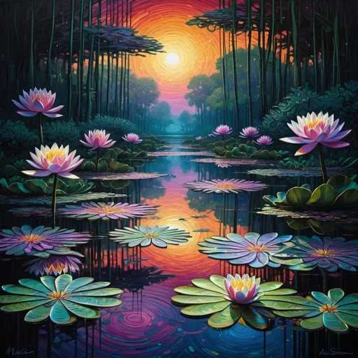 Prompt: Transform Monet water lilies into psychedelic contemporary artwork, art by Nicole Wharton., centered, symmetry, painted, intricate, volumetric lighting, beautiful, rich deep colors masterpiece, sharp focus, ultra detailed, in the style of dan mumford and marc simonetti, astrophotography