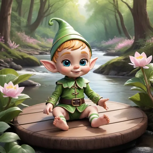 Prompt: Disney-styled chibi baby wooden deck elf experiencing the thrill of its very first day of spring, nestled at the brink of a rejuvenating river, surrounded by awakening nature where trees unfurling their tender leaves, bathed in the soft and tender pastel hues of an ultra-detailed and realistic digital art rendering, an engaging fusion of airbrushed and inked techniques that shimmer in a vibrant scene.