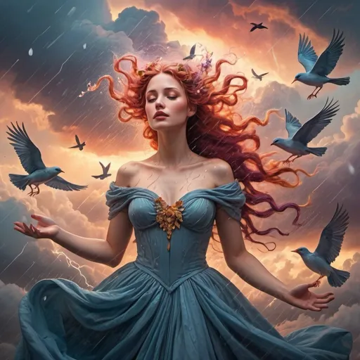 Prompt: A colourful and beautiful Persephone with rain dripping from her hair, wearing a flowing ballgown made of clouds, surround by clouds and birds in a painted style controlling lightning with her hands at sunset