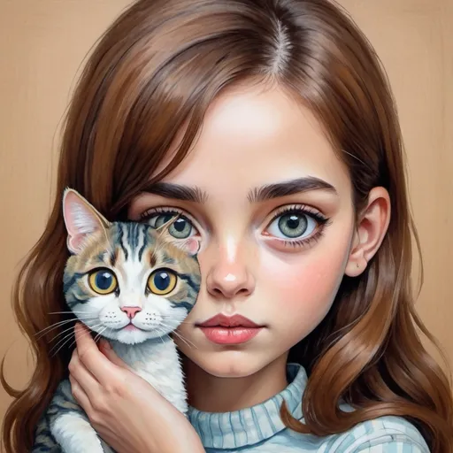 Prompt: naive art girl portrait face with very big eyes  holding a beautiful 
 cat, perfect, trending on etsy, simply draw , naive art simply sketch