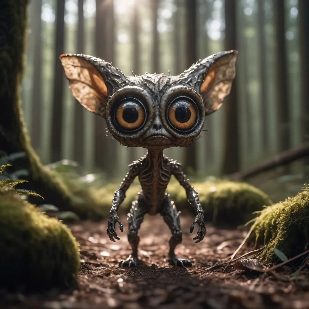 Prompt: Medium shot, Adorable creature with big reflective eyes, moody lighting, best quality, full body portrait, real picture, intricate details, depth of field, in a forest, fujifilm xt3, outdoors, bright day, beautiful lighting, raw photo, 8k uhd, film grain, unreal engine 5, ray tracing