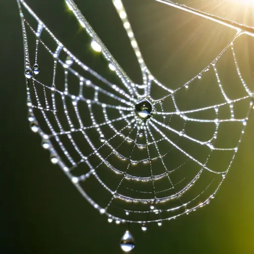 Prompt: A photorealistic macro image of a dewdrop on a spider's web, with the morning sun shining through.
