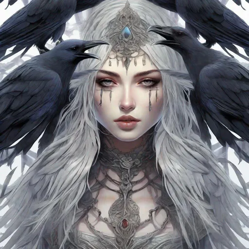 Prompt: Mysterious woman exhibiting symmetry, possessing snowy complexion, adorned with long, feather raven locks, garbed in gothic attire, holding a raven, nestled in the realm of fantasy art, a full-color manga masterpiece or advanced digital game cover art, breath of cryptic aura, ultra-detailed texture, amidst transparent background, fit for art gallery, poised in high resolution at 8k, effortless perfection, microscopic detail, genuine surface reflections, volumetric lighting, cinematic effects,