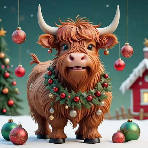 Prompt: whimsical christmas farm and Super detailed very intricate beautiful cute whimsical scottish highland cattle wearing Christmas decorations with Christmas background, muted colors. intricate extremely detailed hyperdetailed Diego Gisbert Llorens fantasy