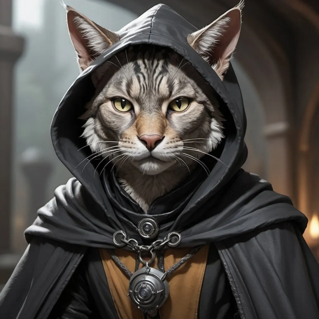 A realistic looking Grey Tabaxi Rogue wearing a blac...