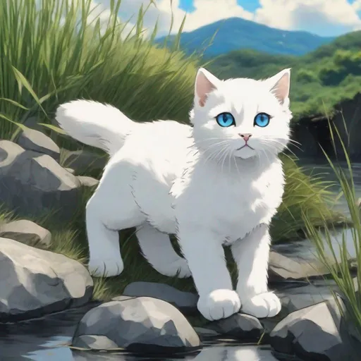 Prompt: Stones on the river bank, a few grasses on a short step, standing a white kitten looking ahead, the kitten's ears are black, the tail is black, the sky is blue with a few white clouds, Japanese Miyazaki Hayao style，8k,