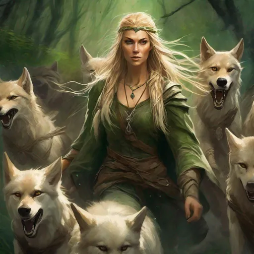 Prompt: beautiful female nordic elven druid with green eyes and elvish pointy ears leading a small pack of brown wolves, charging into battle, long blonde braided hair, necklace, wind, forest, grass, summer, looking into camera,

dramatic lighting, dark atmosphere, textured Speedpaint, masterpiece, ((rough brush strokes)), (paint splatter on background), (by Jeremy Mann), by Ismail Inceoglu, oil on canvas, intense gaze, professional, atmospheric lighting, textured, highres, masterpiece, cinematic, oil painting, trending artwork, particles, dramatic