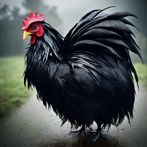 Prompt: goth metaphorical chicken haute couture on a gloomy rainy bumbershoot fashion set 