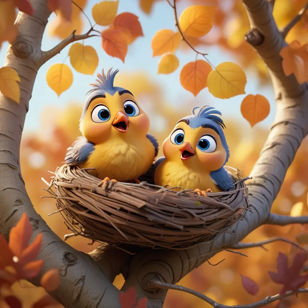 Prompt: Create a photo-realistic photography image of a cute and happy pixar style bird couple in they're nest high in a tree. It's autumn and they are preparing their cosy nest. It's a bright and sunny autumn day. Product photography, whimsical and playful, sunny environment, A medium shot natural light, ultra realistic