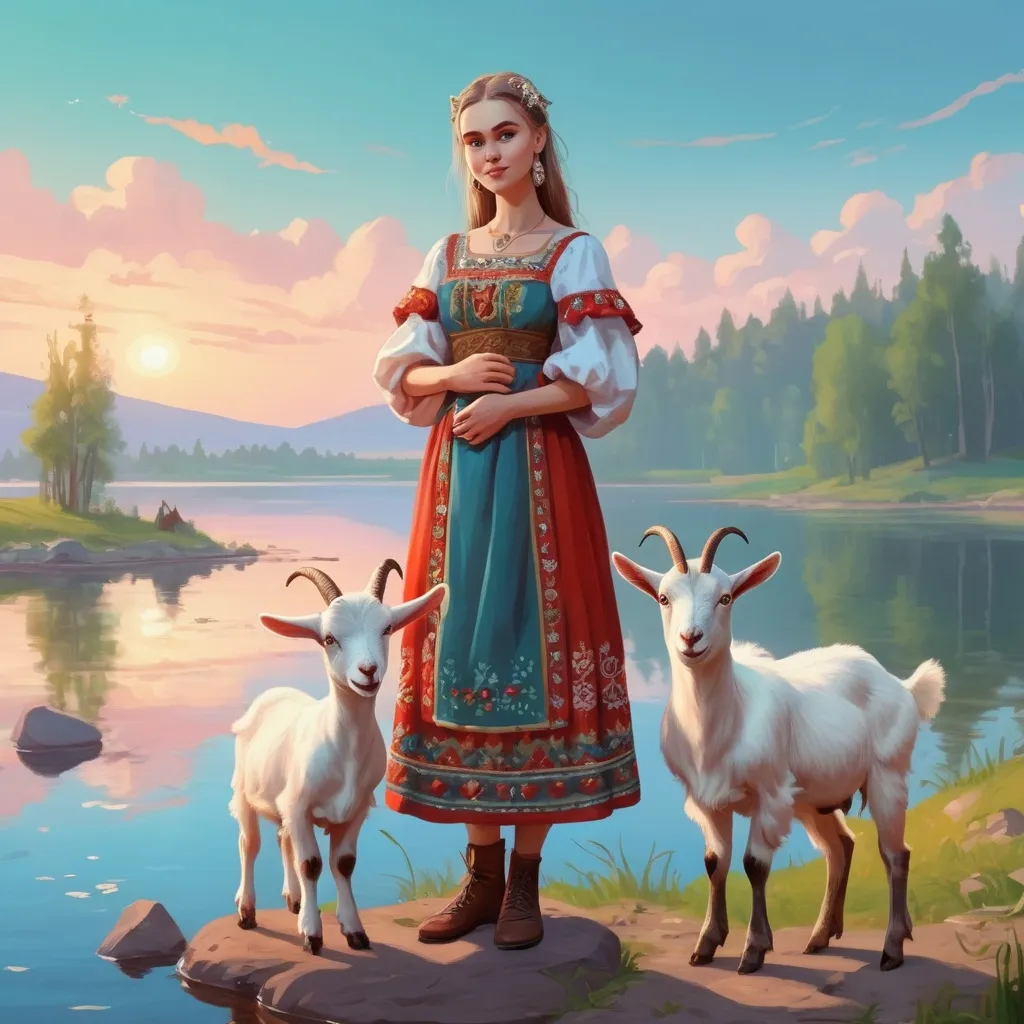 Prompt: Fantasy cartoon style beautiful young lady in a Slavic traditional dress and one baby goat next to her. They are standing on the magical shore of the lake