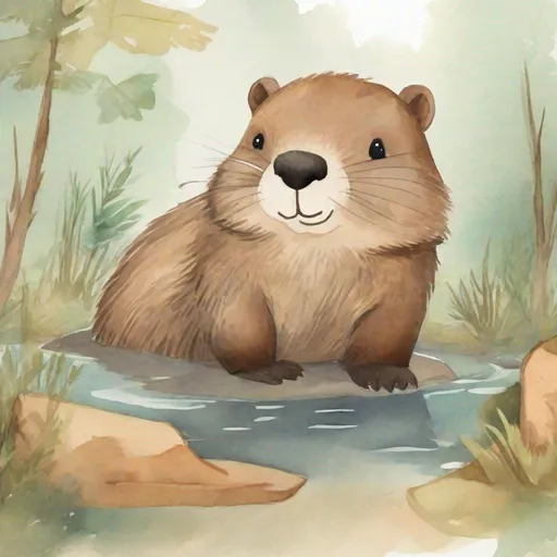 Prompt: strybk, strybk, cute beaver tail showing, kids story book style, muted colors, watercolor style, kids story book style, muted colors, watercolor style