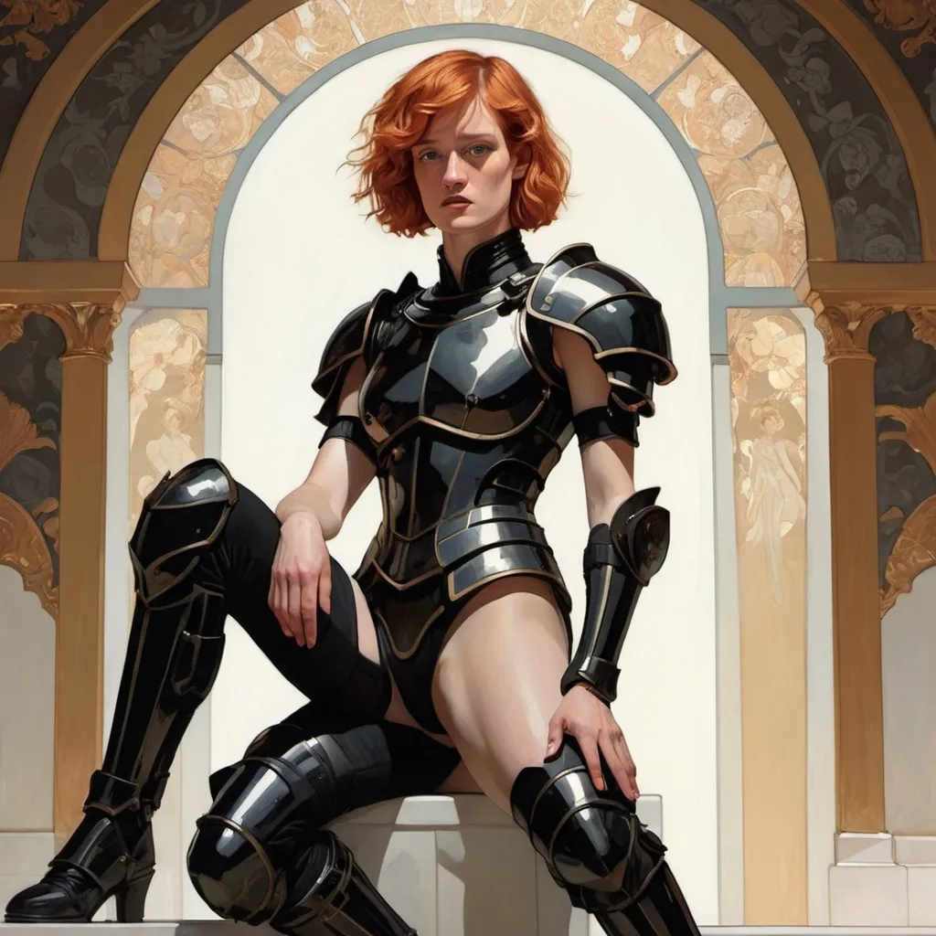 Prompt: redhead mackenzie davis actress wearing black armour with bare legs, mucha, hard shadows and strong rim light, art by jc leyendecker and atey ghailan and sachin teng