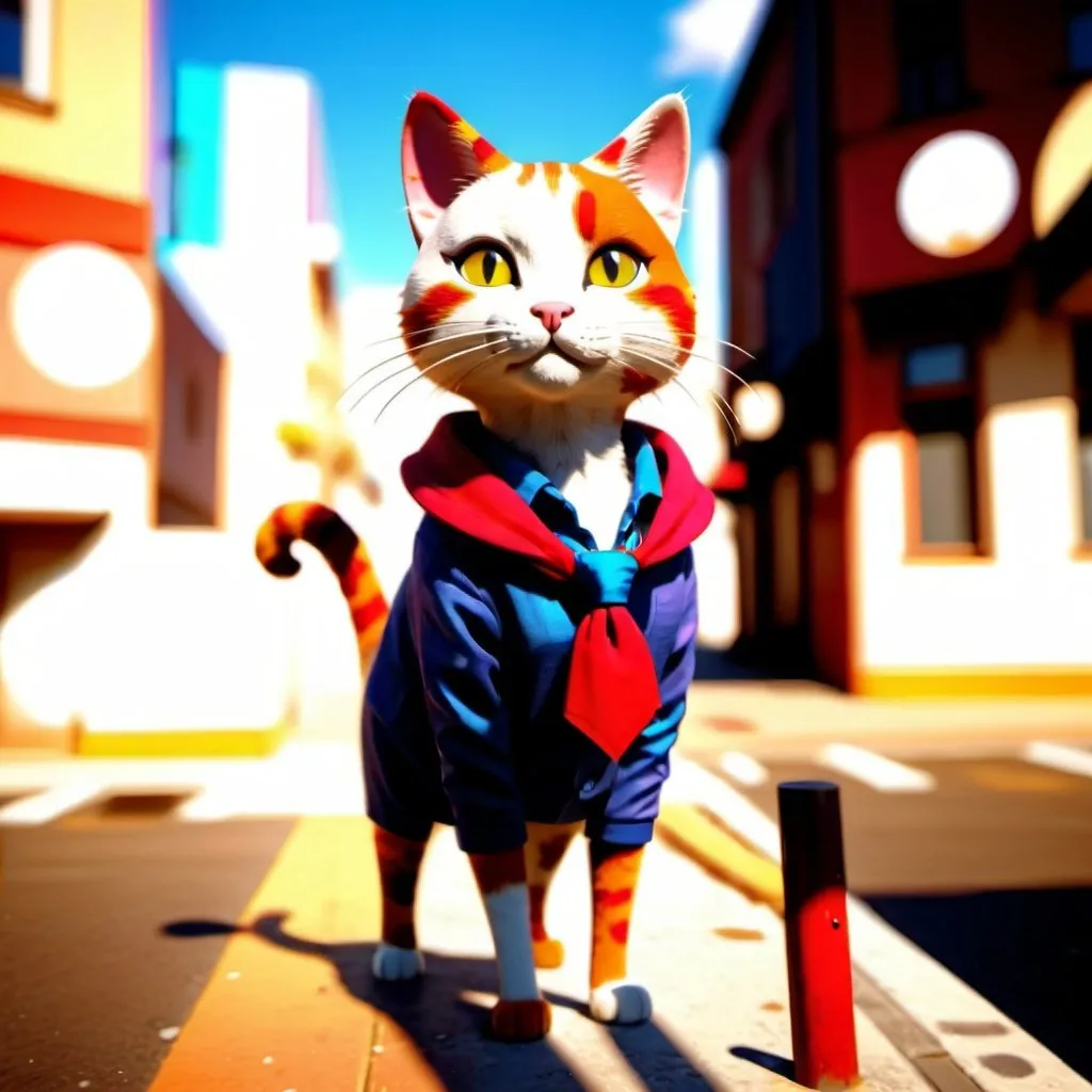 Prompt: A cat in fashionable clothes stands on the street, warm sunshine, warm colors, facing the camera, healing system, 3d, blender, redshift, realistic rendering details, high definition, 8k, --ar 3:4