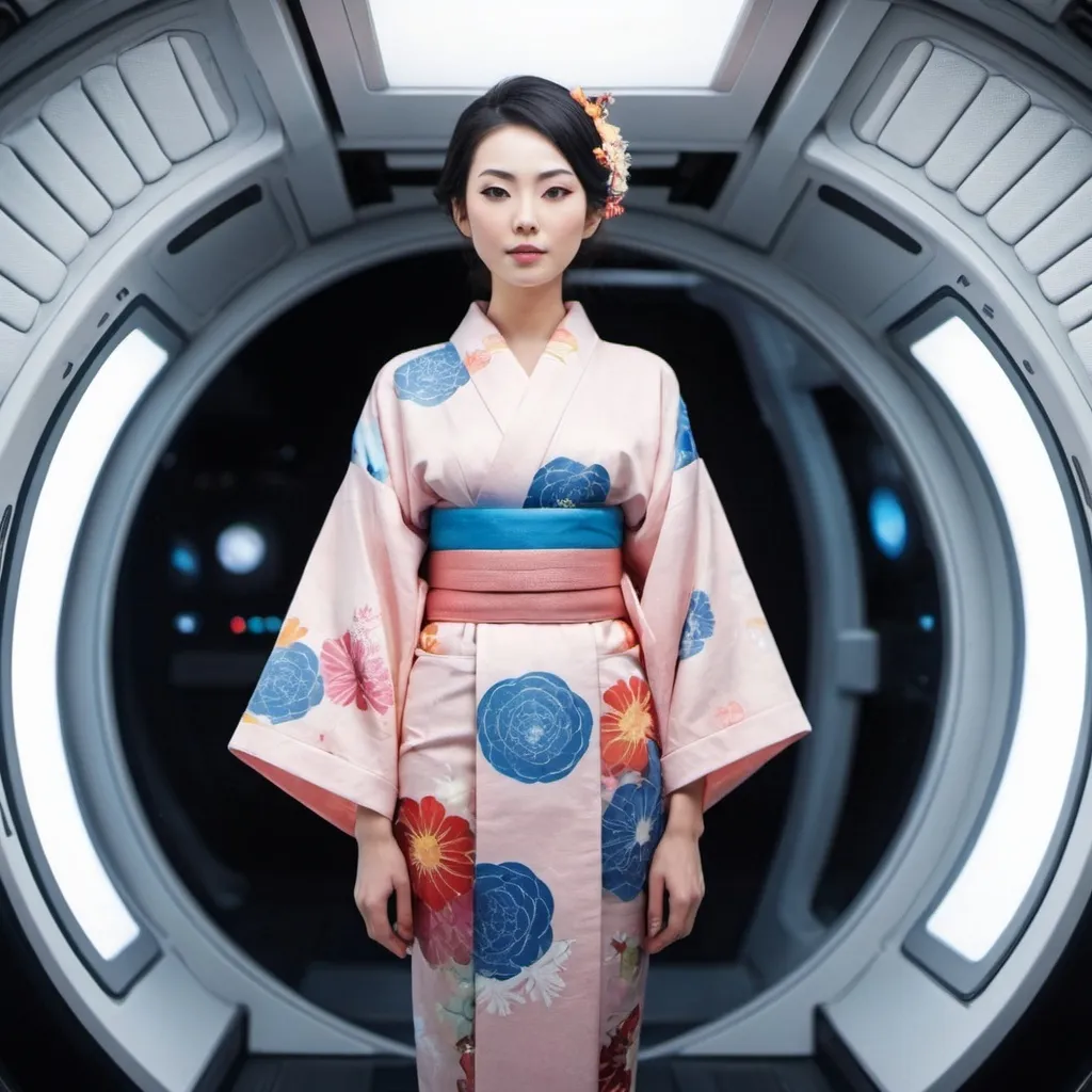 Prompt: <mymodel> A woman wears kimono standing in a spaceship