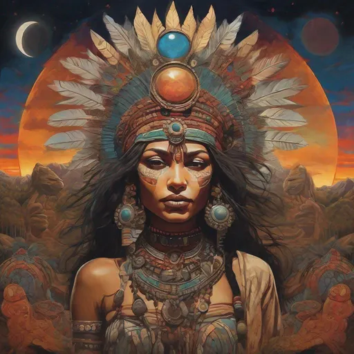 Prompt: an indian woman with an ornamental headdress and a full moon lighting, in the style of poster art, masks and totems, solarizing master, richly colored skies, hyper-detailed, muralist, sublime wilderness