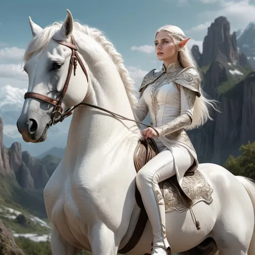 Prompt: Elf princess on a majestic white horse, breathtaking view, realistic,, ultra hd, realistic, vivid colors, highly detailed, UHD drawing, pen and ink, perfect composition, beautiful detailed intricate insanely detailed octane render trending on artstation, 8k artistic photography, photorealistic concept art, soft natural volumetric cinematic perfect light