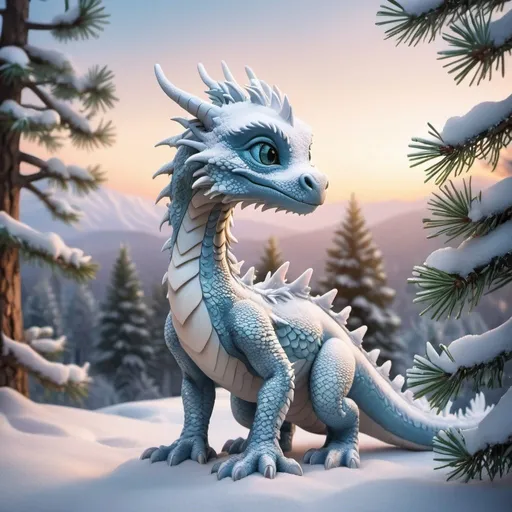 Prompt: A baby snow dragon next to a pine tree in a winter wonderland. The scene is cinematic, capturing the serene beauty of a snowy landscape. The dragon, small and endearing, with scales glistening like freshly fallen snow, is positioned beside a tall, majestic pine tree. The tree is heavily laden with snow, its branches drooping slightly under the weight. The background is a sweeping vista of a winter wonderland, with rolling snow-covered hills and a sky painted with the soft hues of a cold winter sunrise. The image should evoke a sense of wonder and magic, as if it's a scene from a fantasy movie.