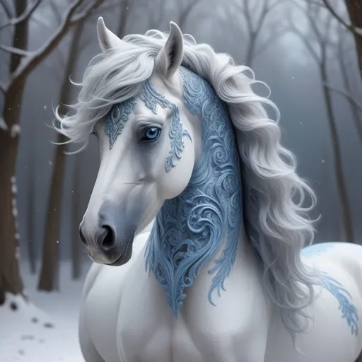 Prompt: art by  Phil Koch,Meghan Howland

"painting of a fantasy fairy horse in a snowstorm, ornate ears, piercing blue eyes, swirling grey and blue fur, beautiful wavy mane, ornate patterns, intricate details, front view head and shoulders portrait, 4k, white background, Unreal Engine, Artstation"



luminism, ultra  highly detailed, 32 k, 
Fantastic Realism complex background, dynamic lighting, lights, digital painting, intricated pose, highly detailed intricated,