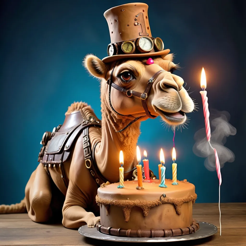 Prompt: Camel wearing a birthday hat blowing out candles on a birthday cake, extremely creative and unique, highly detailed and realistic, steampunk, inspired by Tim Holtz,  realistic happy birthday camel